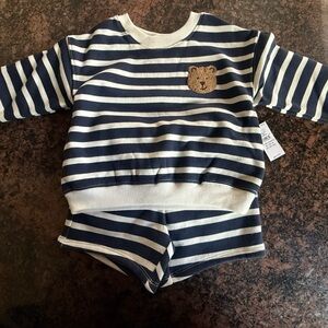 Striped Navy and White Baby 2 pc outfit with Bear Patch